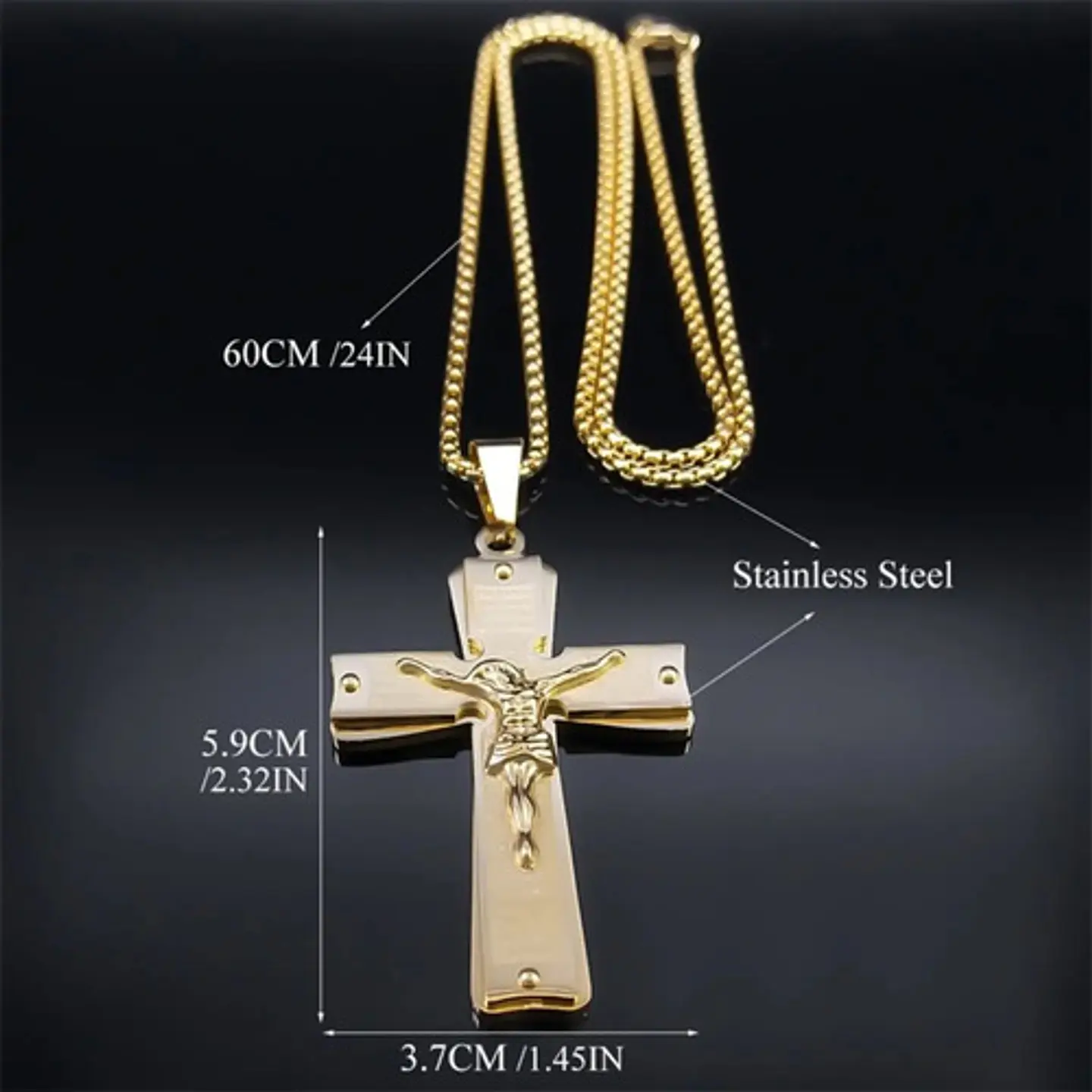 Collar De Acero Para Hombre Y Mujer Dije Cruz Cristo Grabado 9
