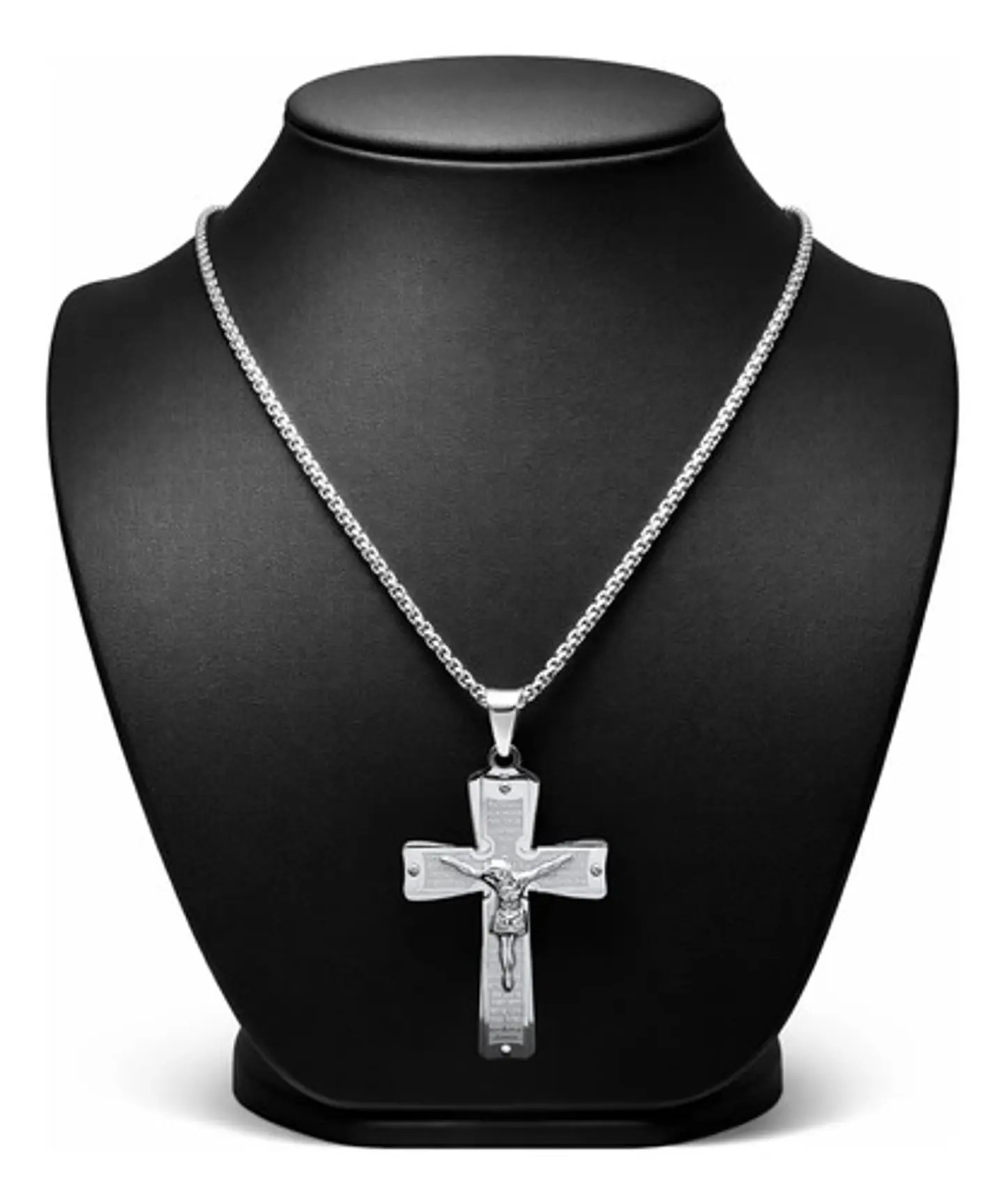 Collar De Acero Para Hombre Y Mujer Dije Cruz Cristo Grabado 11