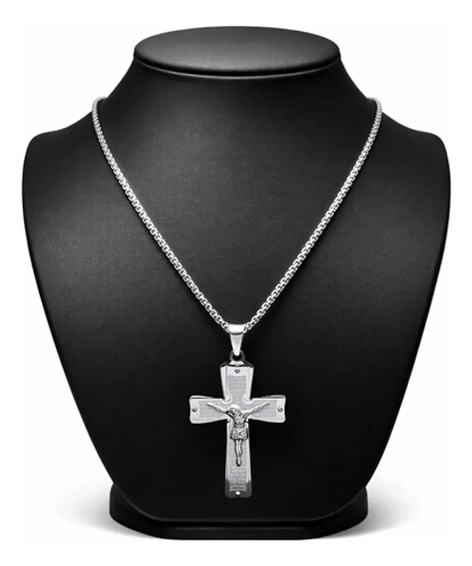 Collar De Acero Para Hombre Y Mujer Dije Cruz Cristo Grabado 11