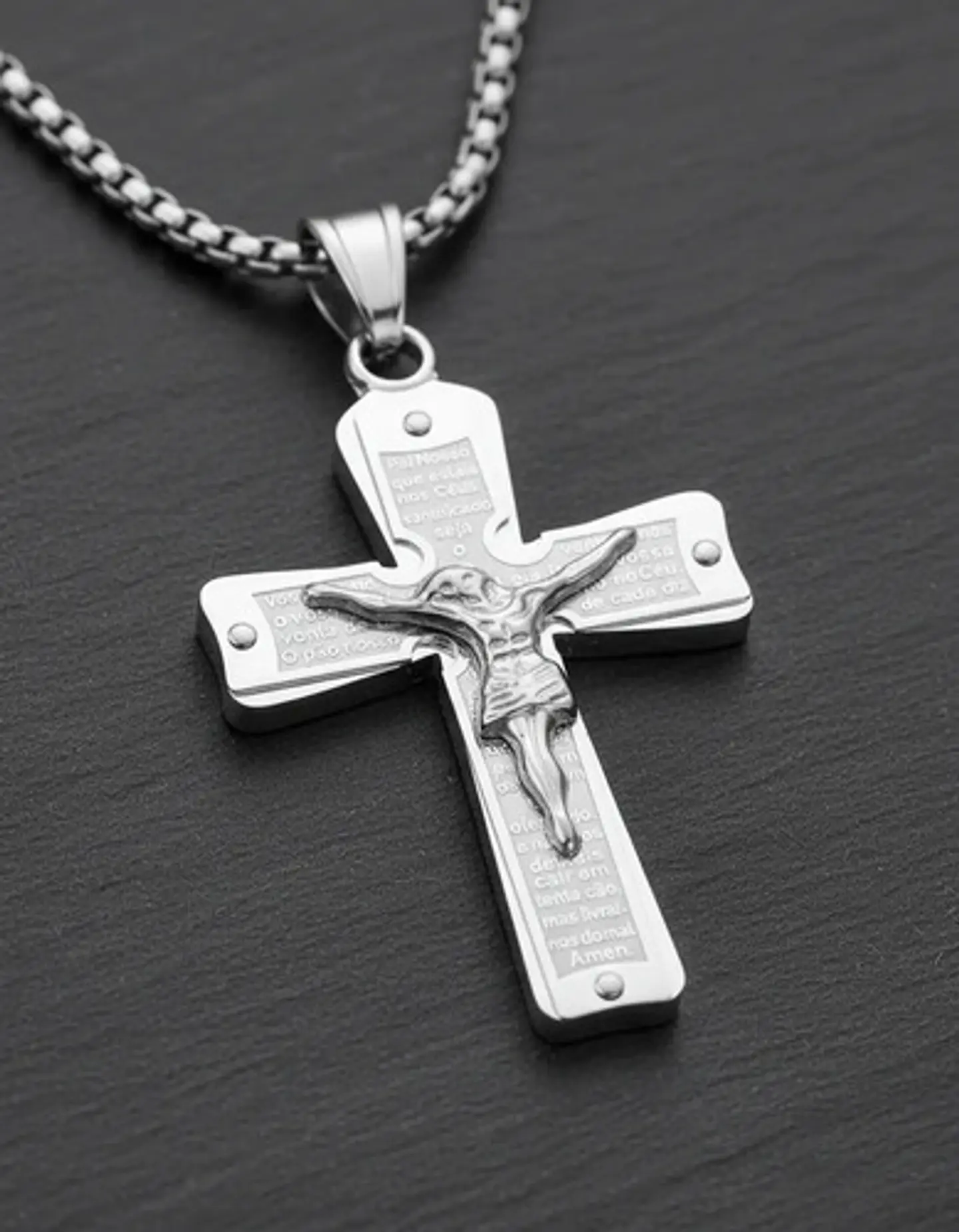 Collar De Acero Para Hombre Y Mujer Dije Cruz Cristo Grabado 12