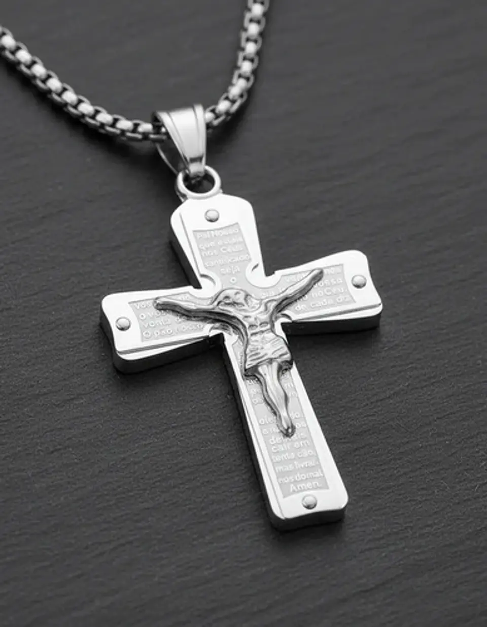 Collar De Acero Para Hombre Y Mujer Dije Cruz Cristo Grabado 12