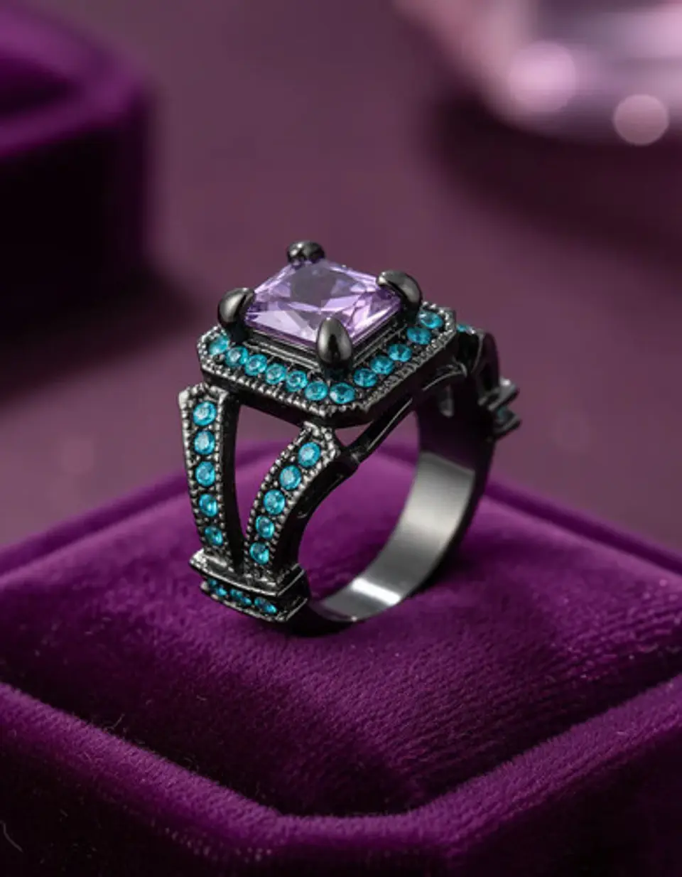 Anillo Moderno Negro Para Mujeres Geométrico Con Piedra Cz 10