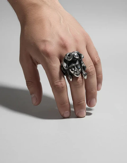 Anillo Color Plata De Acero Para Hombre Forma Medusa Gótico