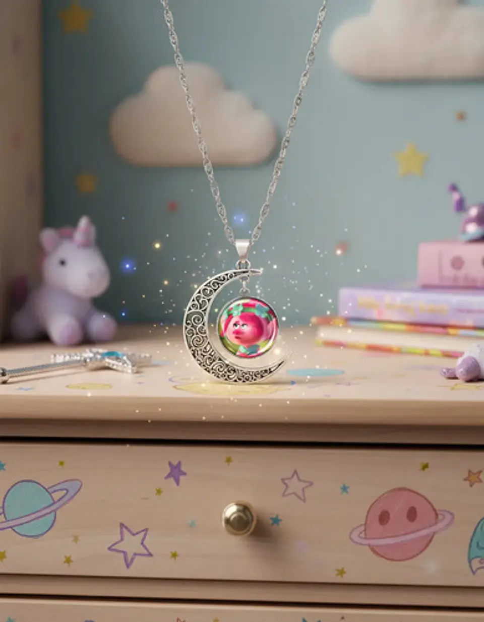 Collar Para Mujer Niñas Dije Luna Con Cabujón Animada Trolls 15