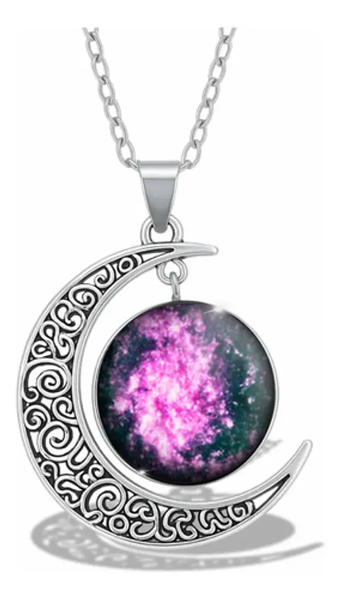 Collar Para Mujer Dije Luna Cabujón Cristal Nebulosa Galaxia