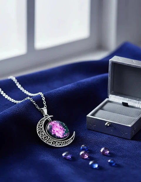 Collar Para Mujer Dije Luna Cabujón Cristal Nebulosa Galaxia