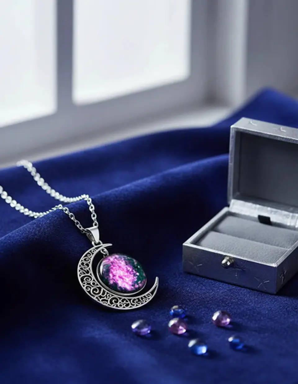 Collar Para Mujer Dije Luna Cabujón Cristal Nebulosa Galaxia 2