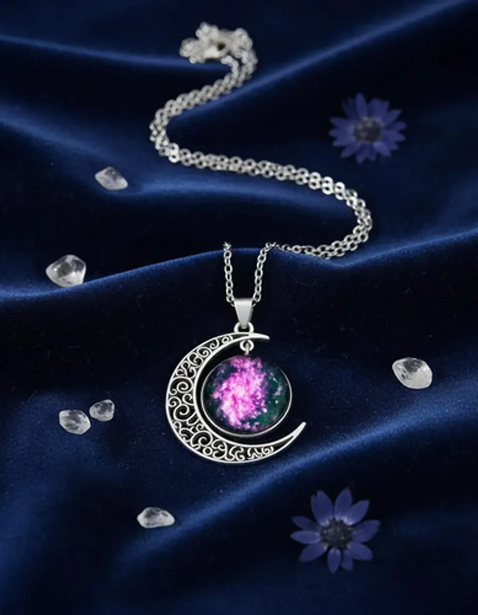 Collar Para Mujer Dije Luna Cabujón Cristal Nebulosa Galaxia 3