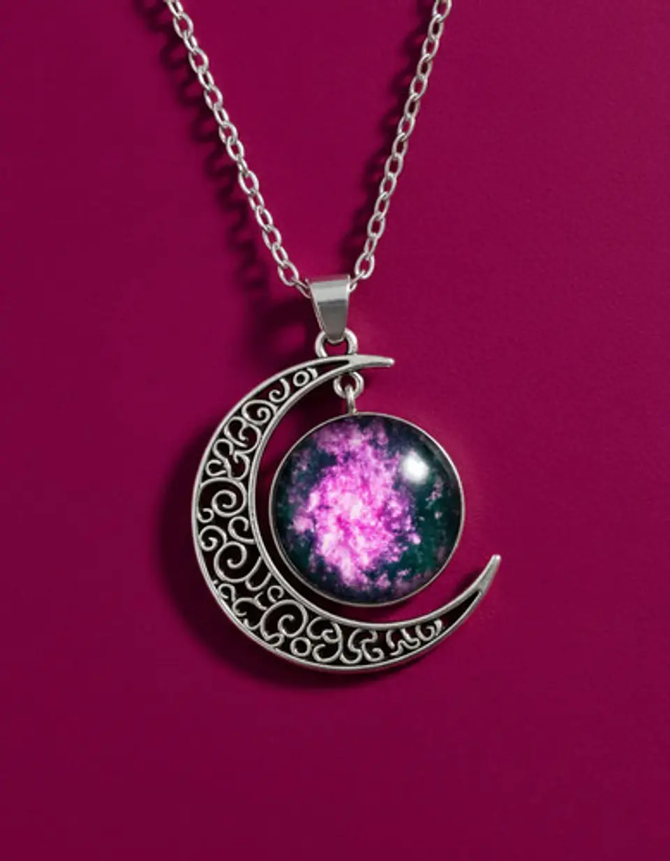 Collar Para Mujer Dije Luna Cabujón Cristal Nebulosa Galaxia 4