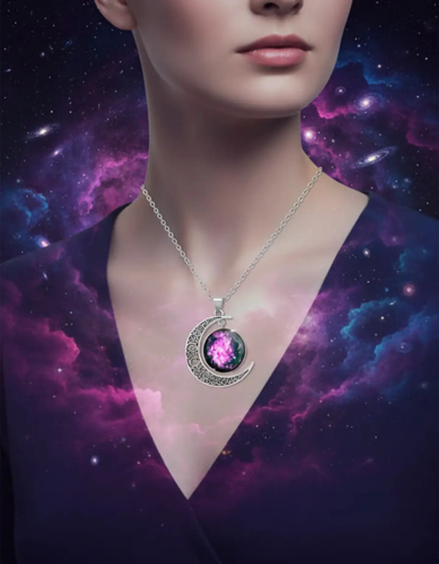 Collar Para Mujer Dije Luna Cabujón Cristal Nebulosa Galaxia 5