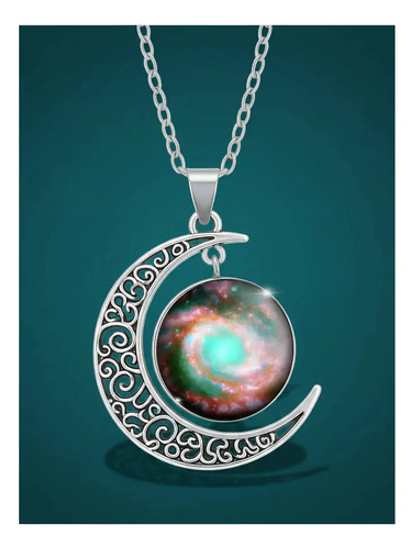 Collar Para Mujer Dije Luna Cabujón Cristal Nebulosa Galaxia 9