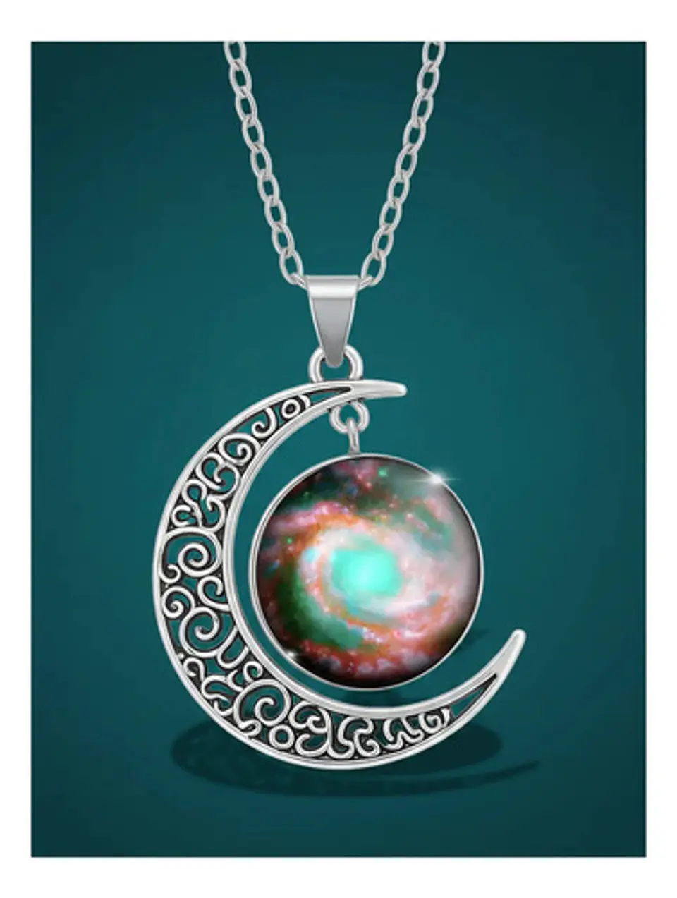 Collar Para Mujer Dije Luna Cabujón Cristal Nebulosa Galaxia 9