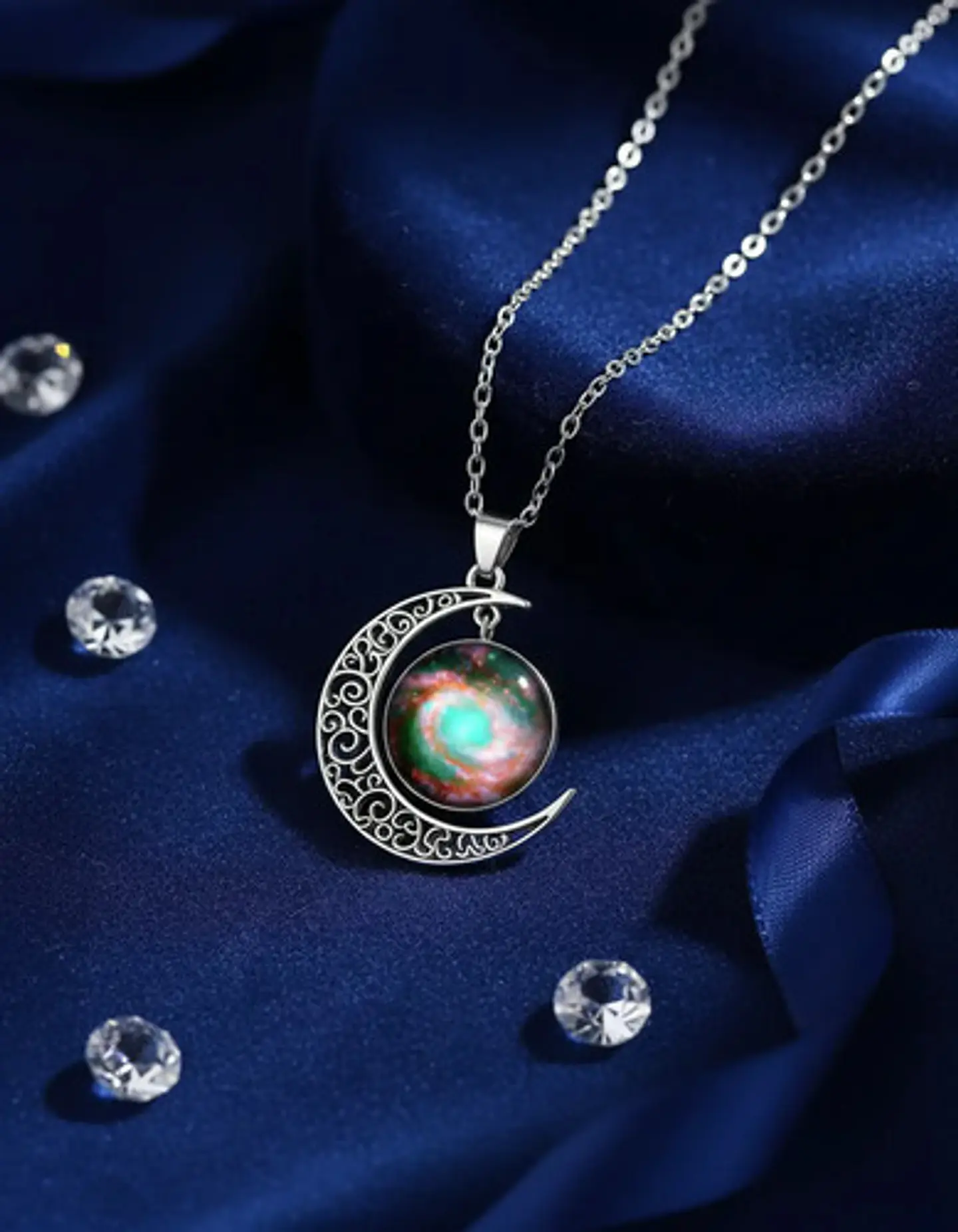 Collar Para Mujer Dije Luna Cabujón Cristal Nebulosa Galaxia 10