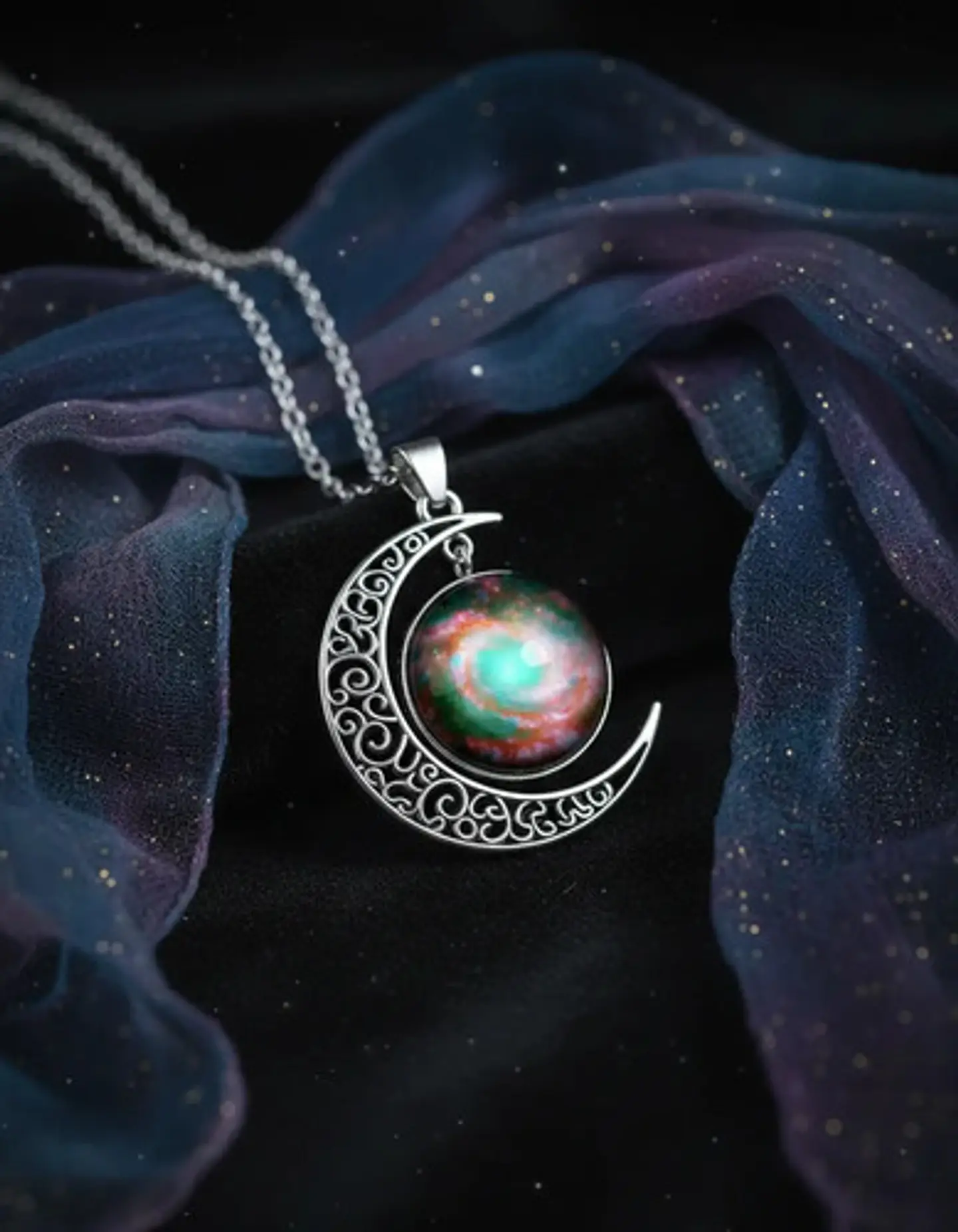 Collar Para Mujer Dije Luna Cabujón Cristal Nebulosa Galaxia 11