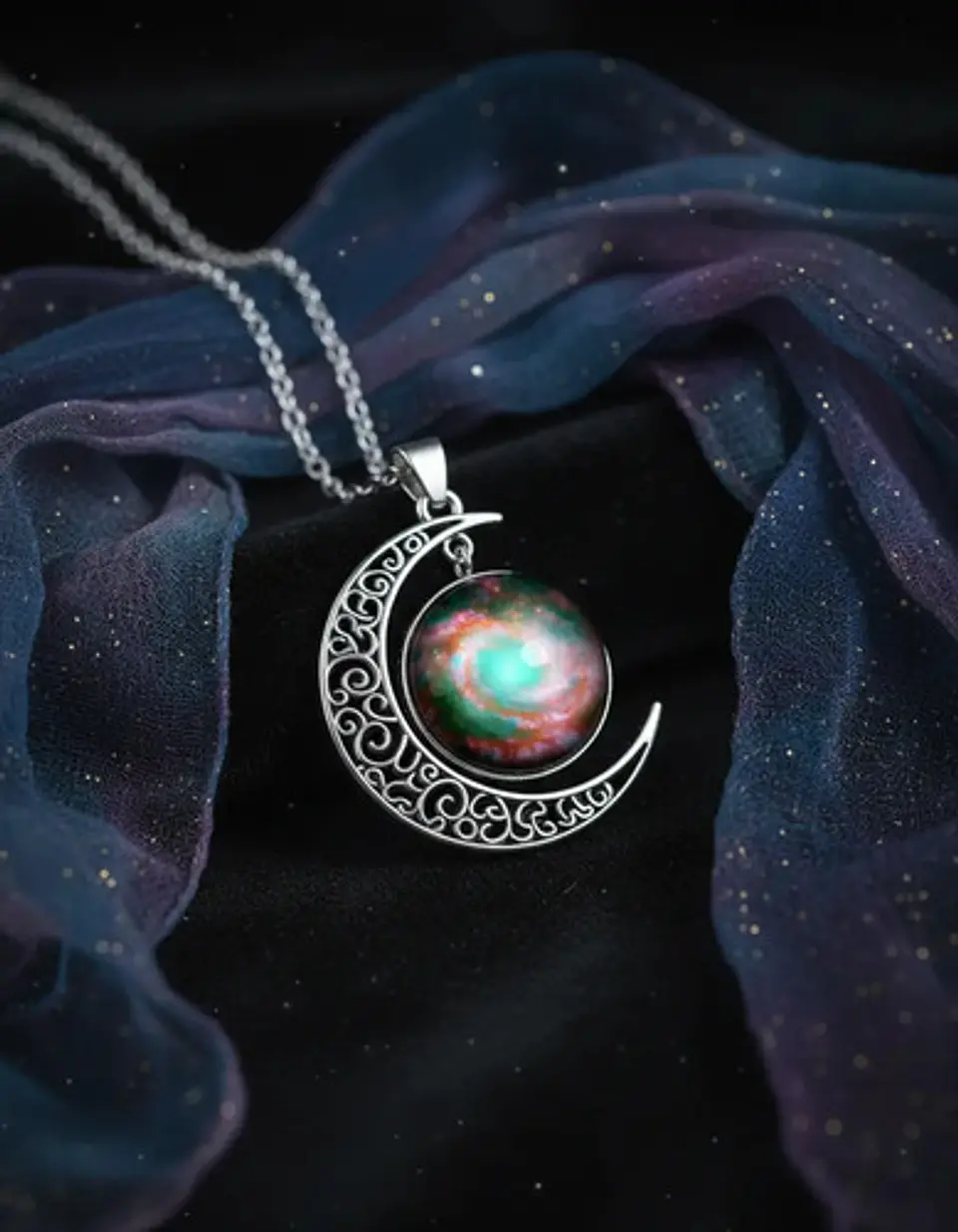 Collar Para Mujer Dije Luna Cabujón Cristal Nebulosa Galaxia 11