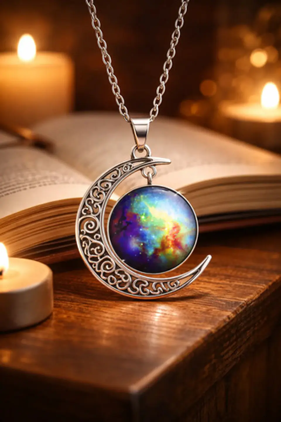 Collar Para Mujer Dije Luna Cabujón Cristal Nebulosa Galaxia 18