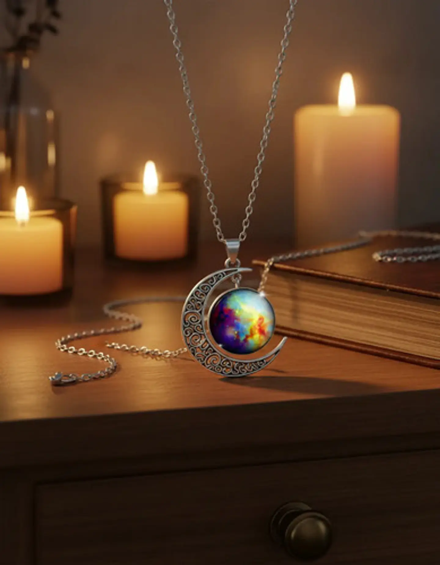 Collar Para Mujer Dije Luna Cabujón Cristal Nebulosa Galaxia 19
