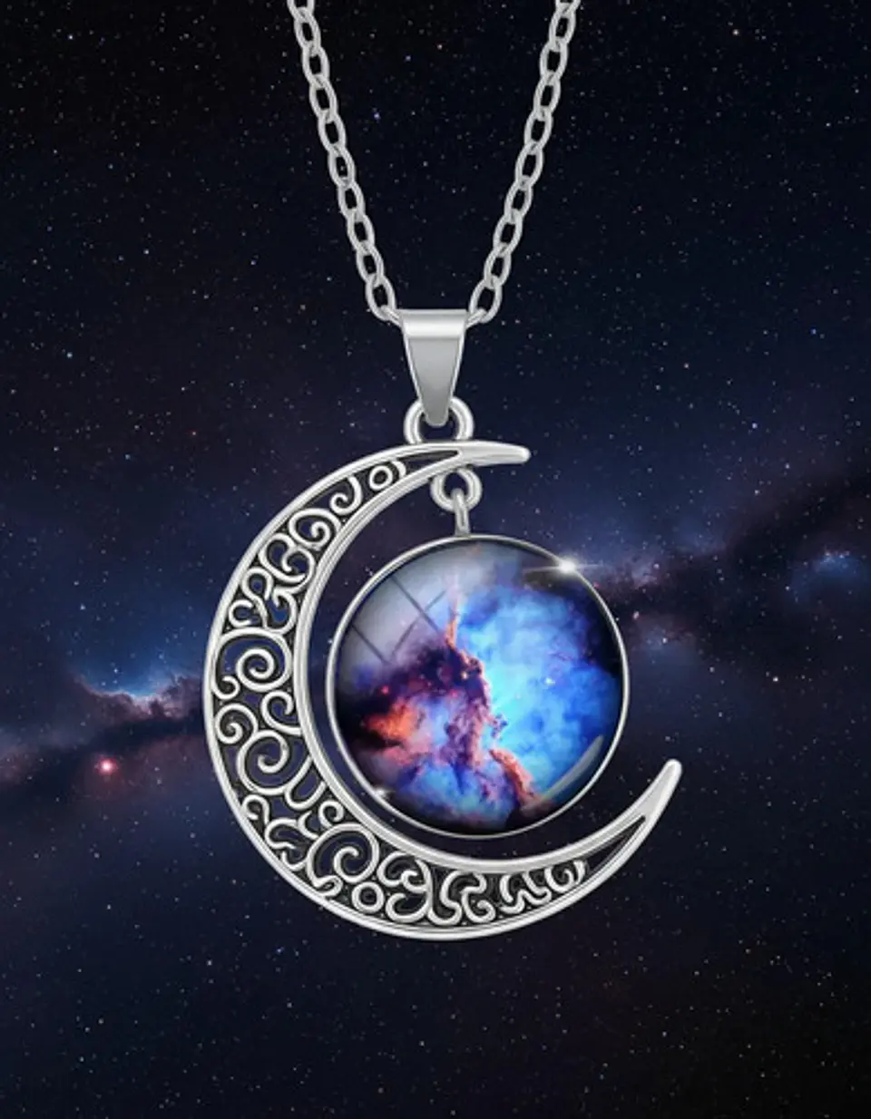 Collar Para Mujer Dije Luna Cabujón Cristal Nebulosa Galaxia 31