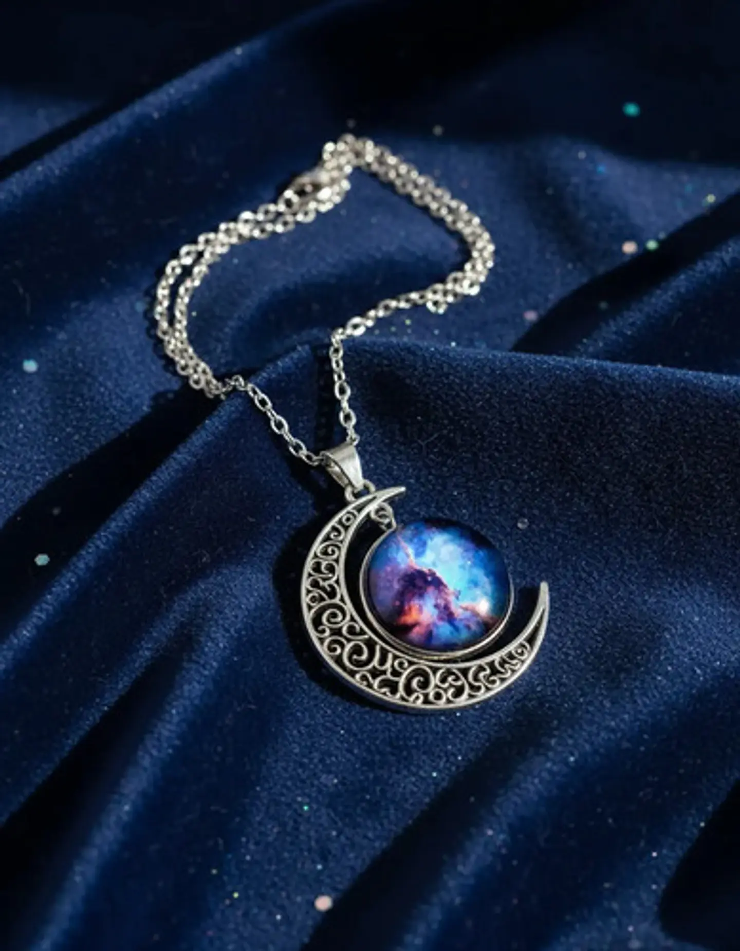Collar Para Mujer Dije Luna Cabujón Cristal Nebulosa Galaxia 32