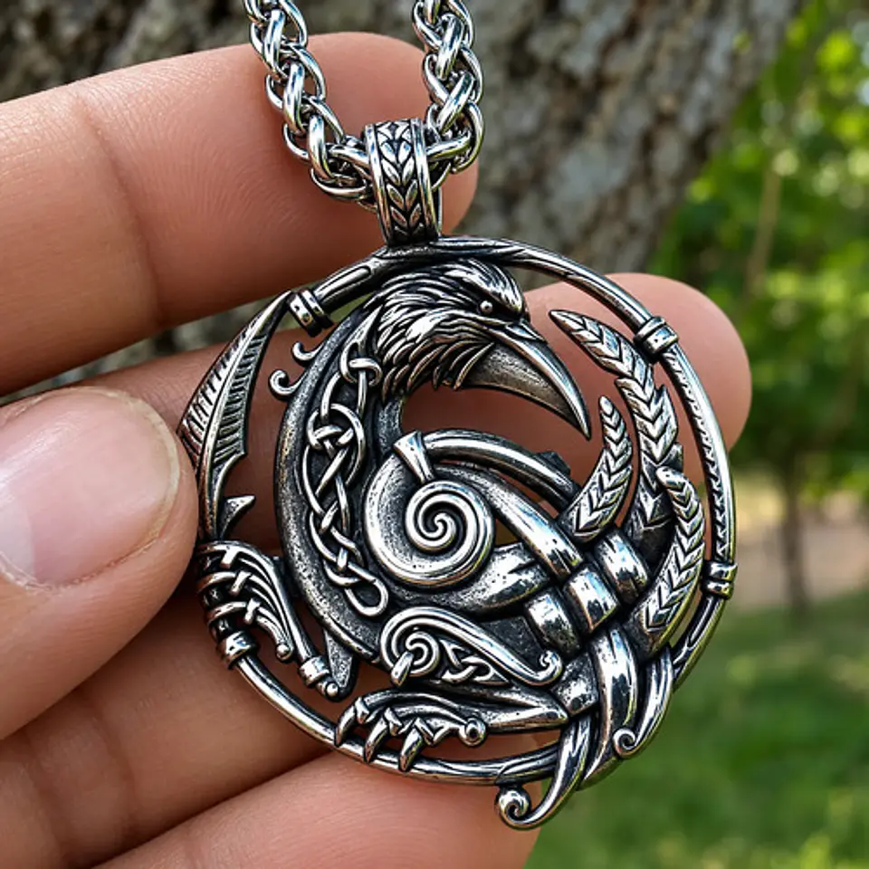 Collar Vikingo De Acero Para Hombres Dije Nudo Cuervo Odín 4