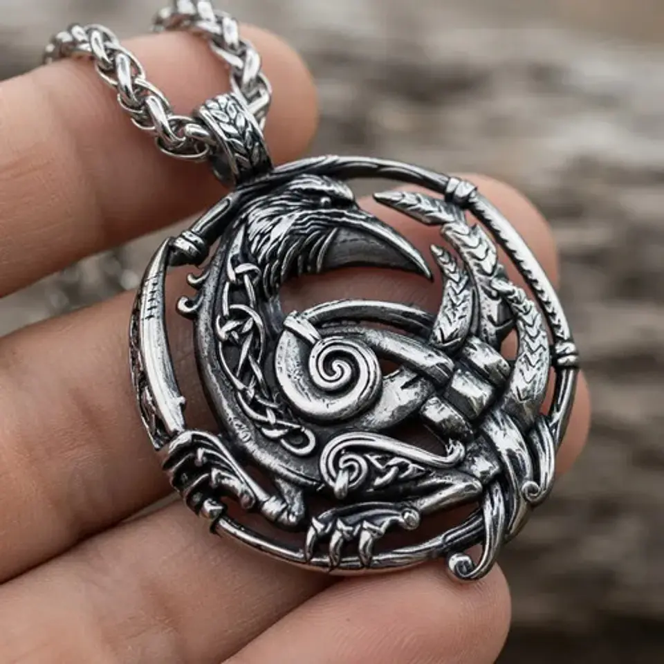 Collar Vikingo De Acero Para Hombres Dije Nudo Cuervo Odín 9