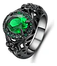 Anillo Moderno Halo Negro Para Mujer Floral Piedra Verde Cz - Miniatura 1