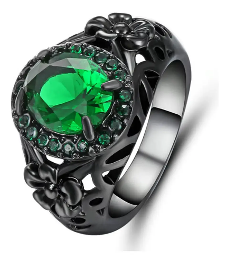 Anillo Moderno Halo Negro Para Mujer Floral Piedra Verde Cz 1