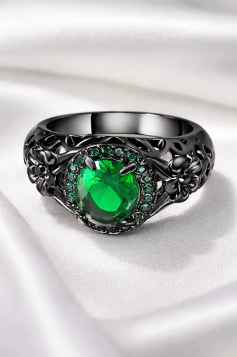 Anillo Moderno Halo Negro Para Mujer Floral Piedra Verde Cz