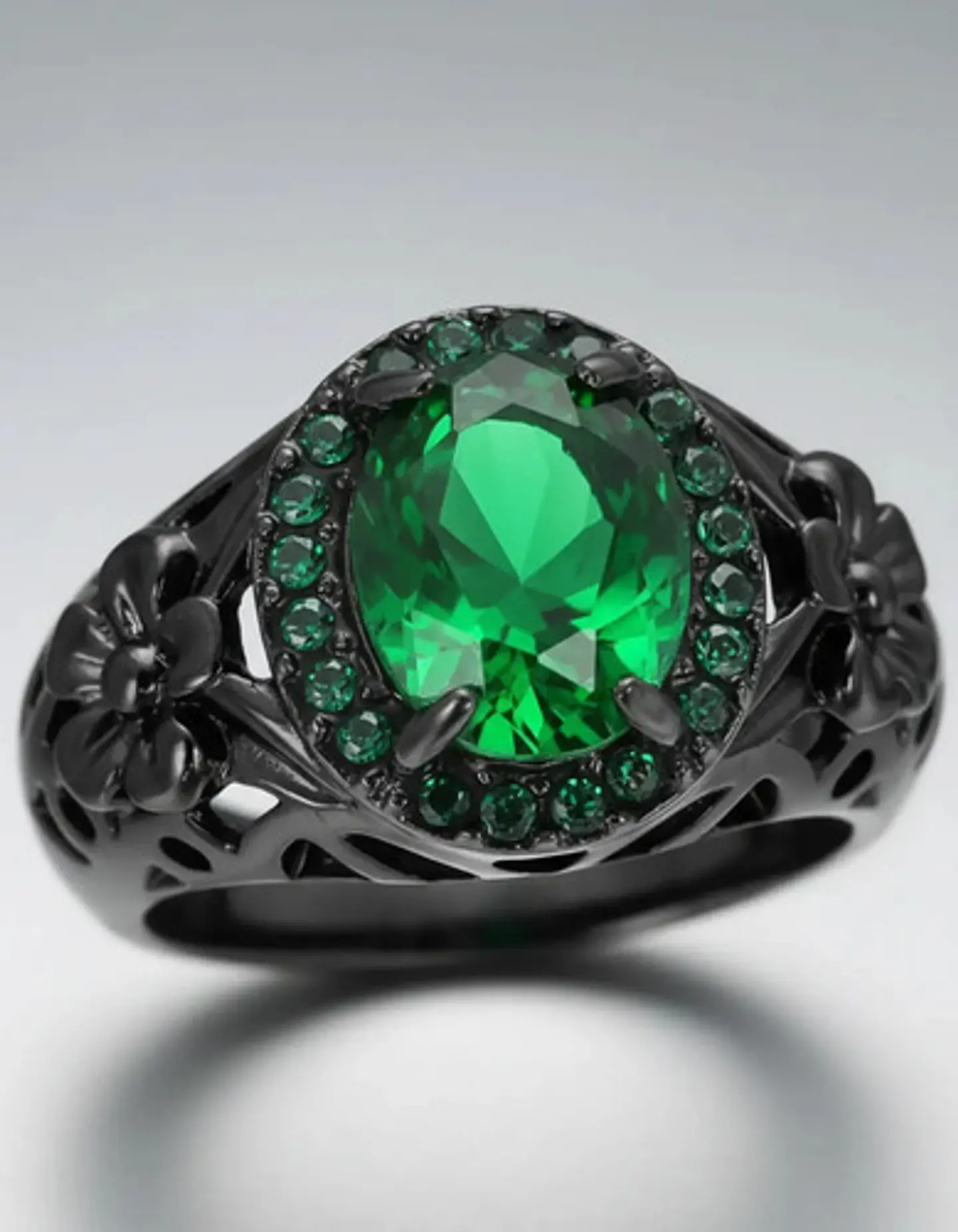 Anillo Moderno Halo Negro Para Mujer Floral Piedra Verde Cz 3