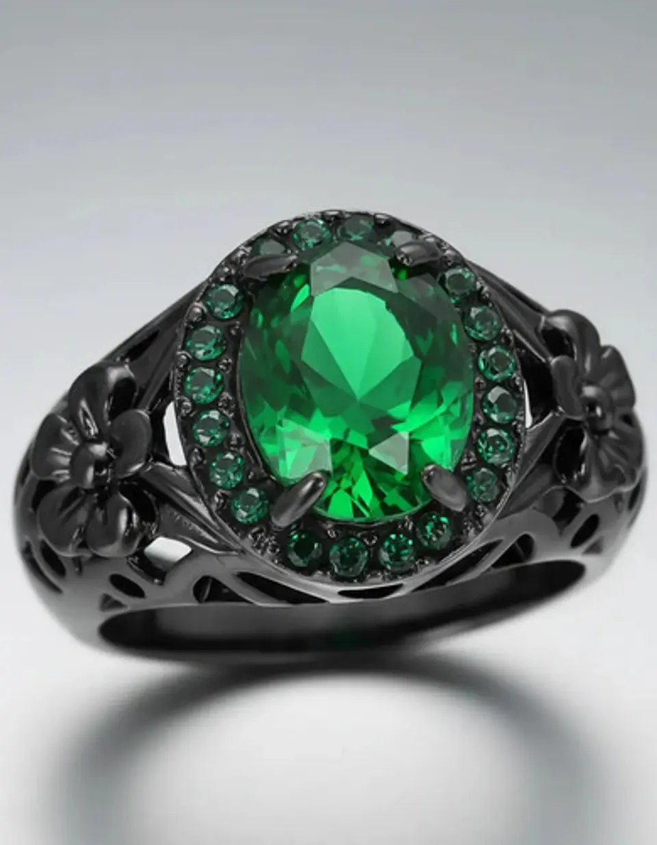 Anillo Moderno Halo Negro Para Mujer Floral Piedra Verde Cz 3