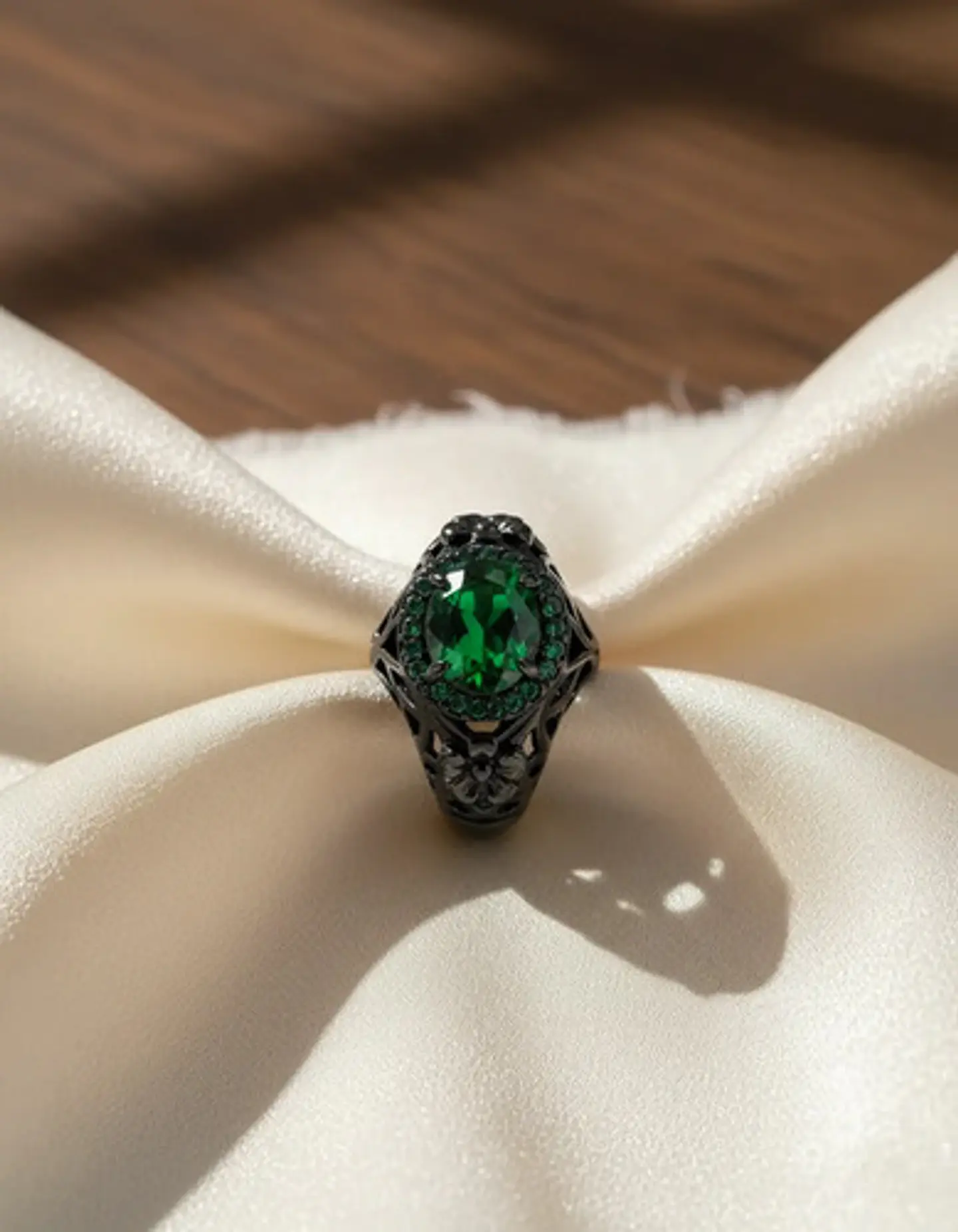 Anillo Moderno Halo Negro Para Mujer Floral Piedra Verde Cz 8