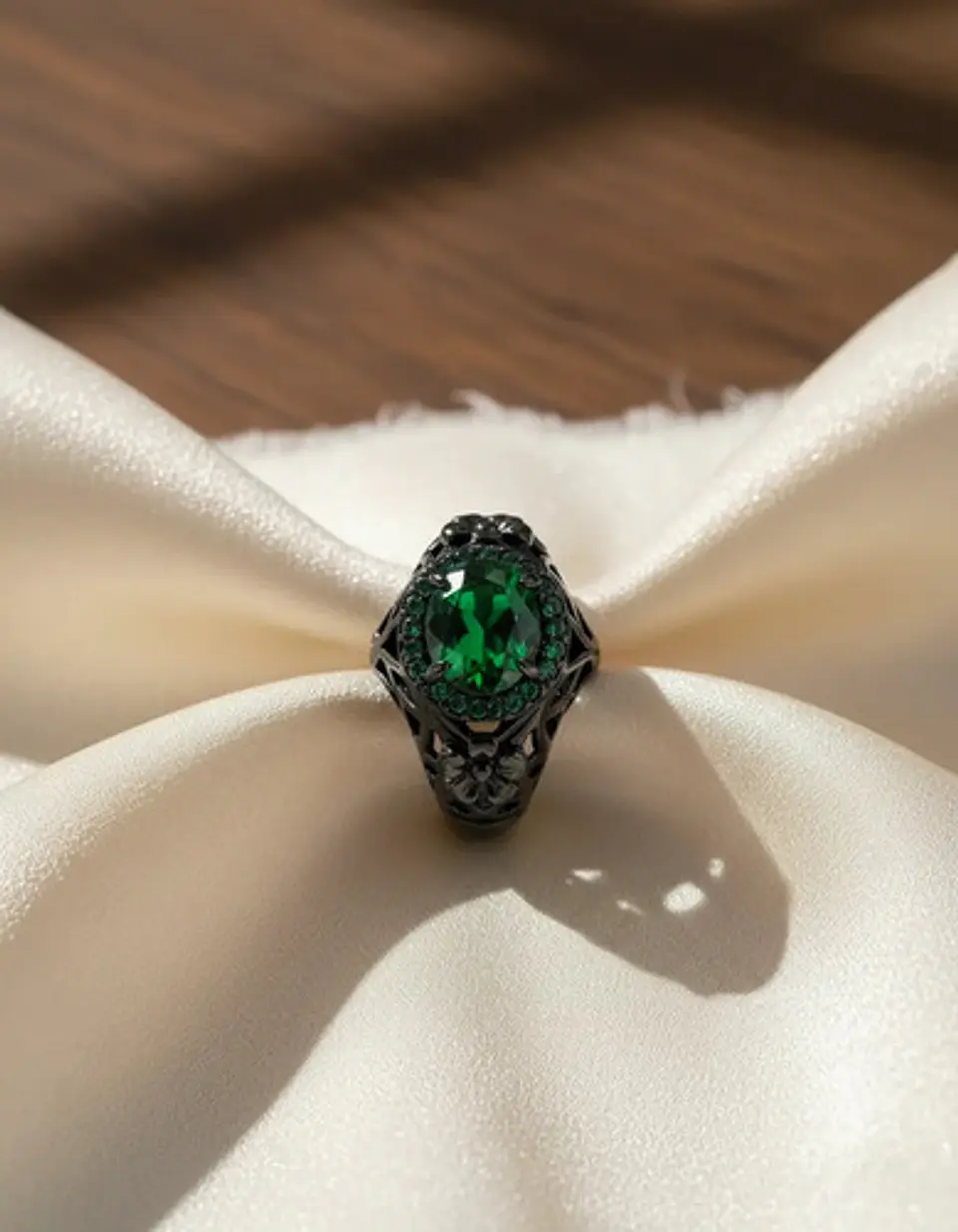 Anillo Moderno Halo Negro Para Mujer Floral Piedra Verde Cz 8