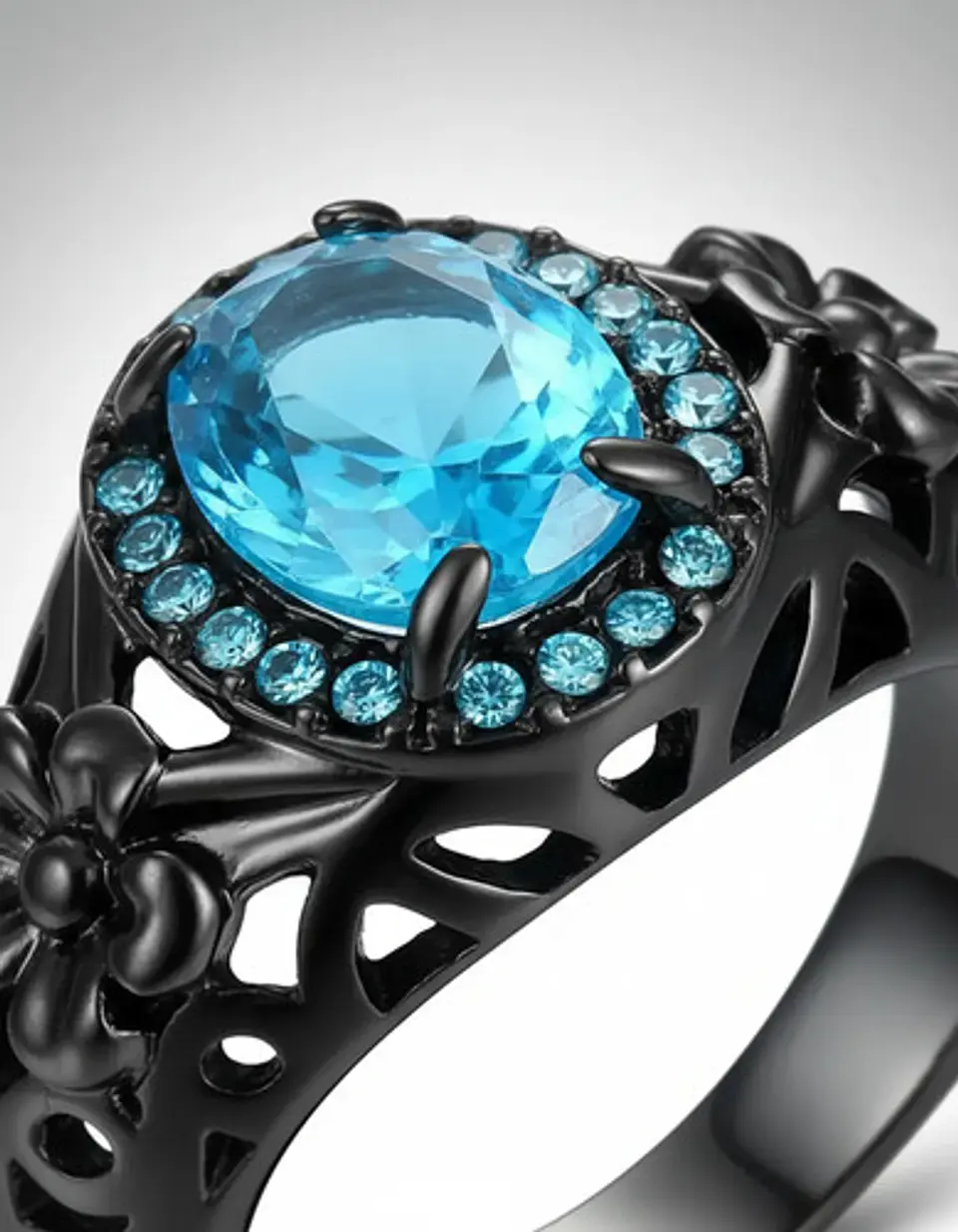 Anillo Moderno Halo Negro Para Mujer Floral Piedra Verde Cz 10