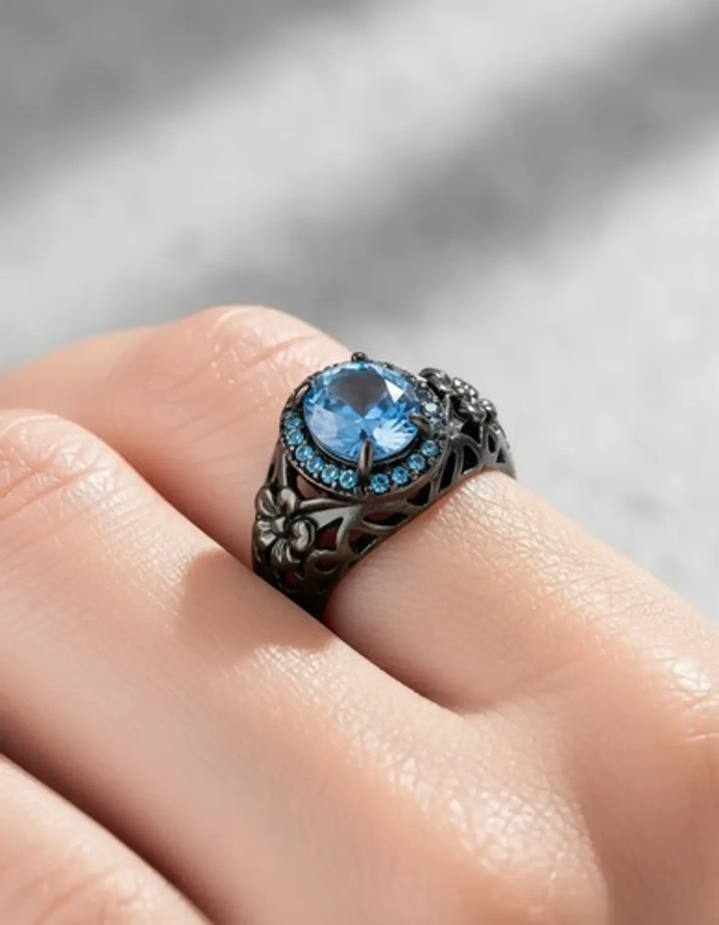 Anillo Moderno Halo Negro Para Mujer Floral Piedra Verde Cz 14