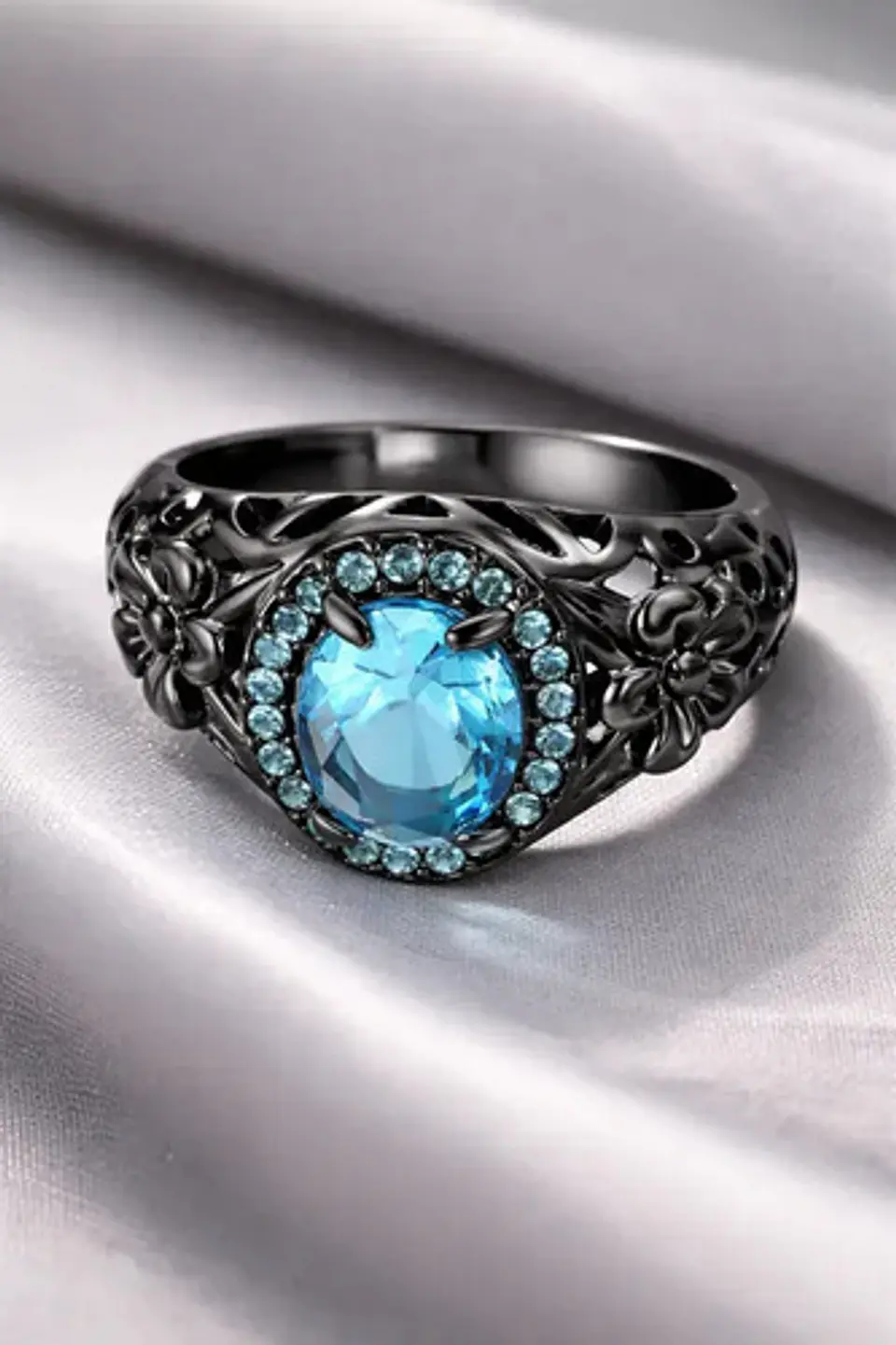 Anillo Moderno Halo Negro Para Mujer Floral Piedra Verde Cz 15
