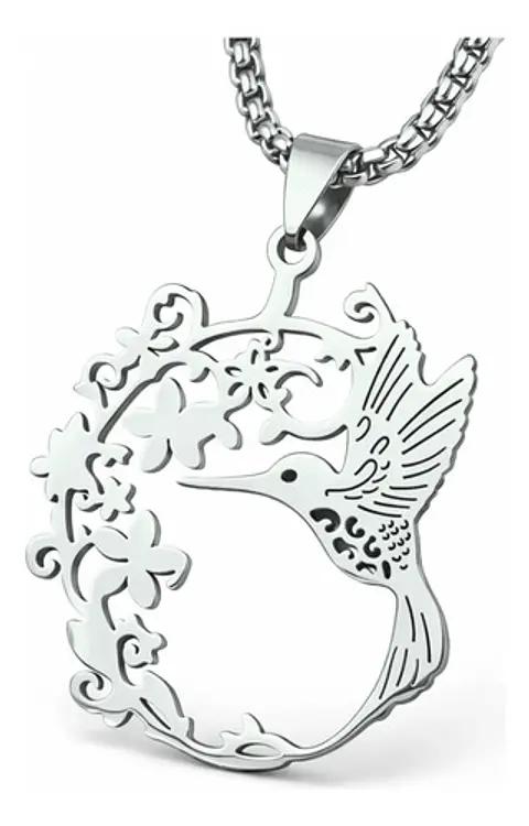 Collar En Acero Para Mujer Cadena Y Dije Floral Ave Colibrí