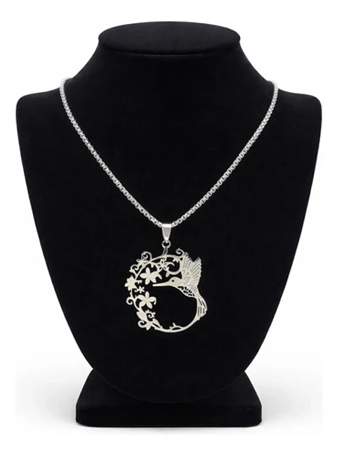 Collar En Acero Para Mujer Cadena Y Dije Floral Ave Colibrí
