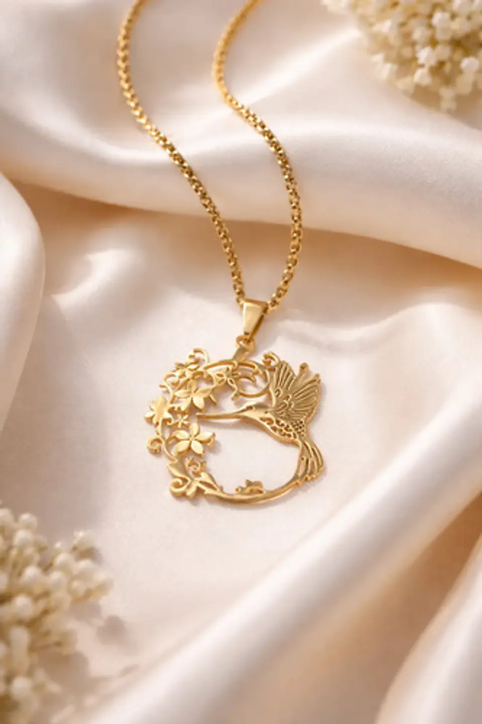 Collar En Acero Para Mujer Cadena Y Dije Floral Ave Colibrí 10