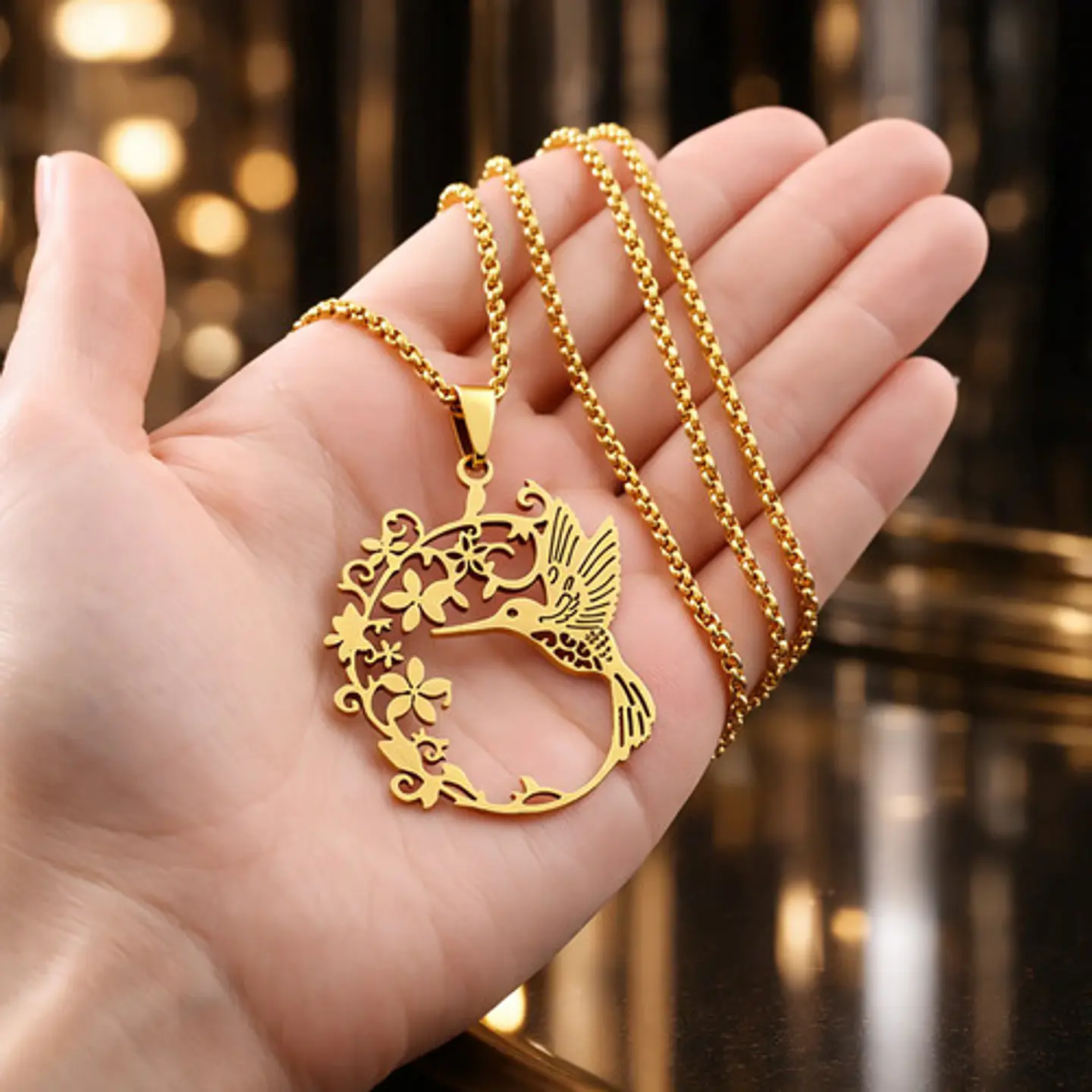 Collar En Acero Para Mujer Cadena Y Dije Floral Ave Colibrí 11