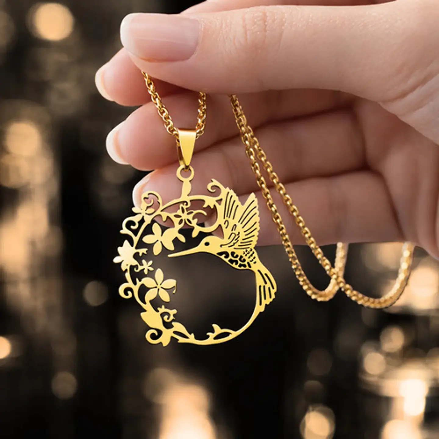 Collar En Acero Para Mujer Cadena Y Dije Floral Ave Colibrí 12