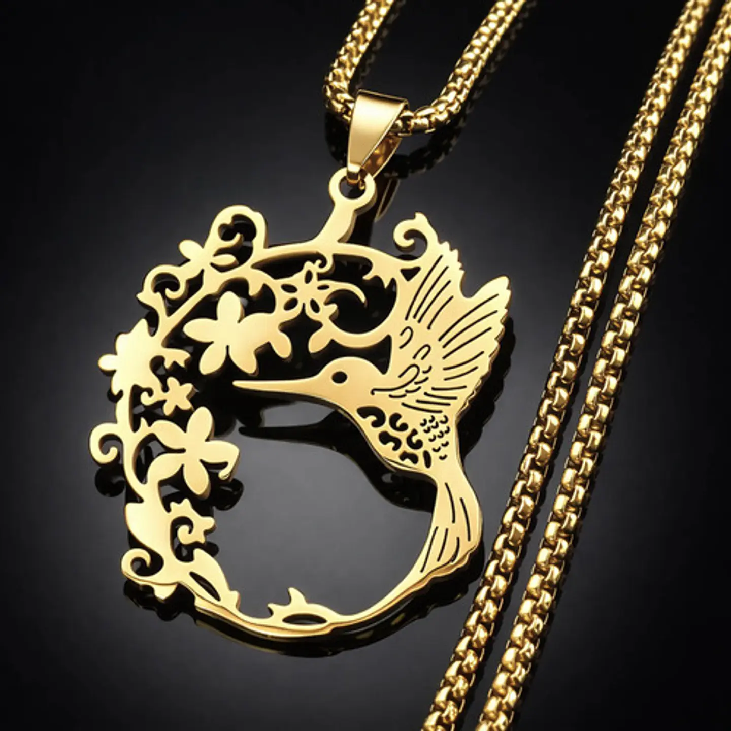 Collar En Acero Para Mujer Cadena Y Dije Floral Ave Colibrí 14