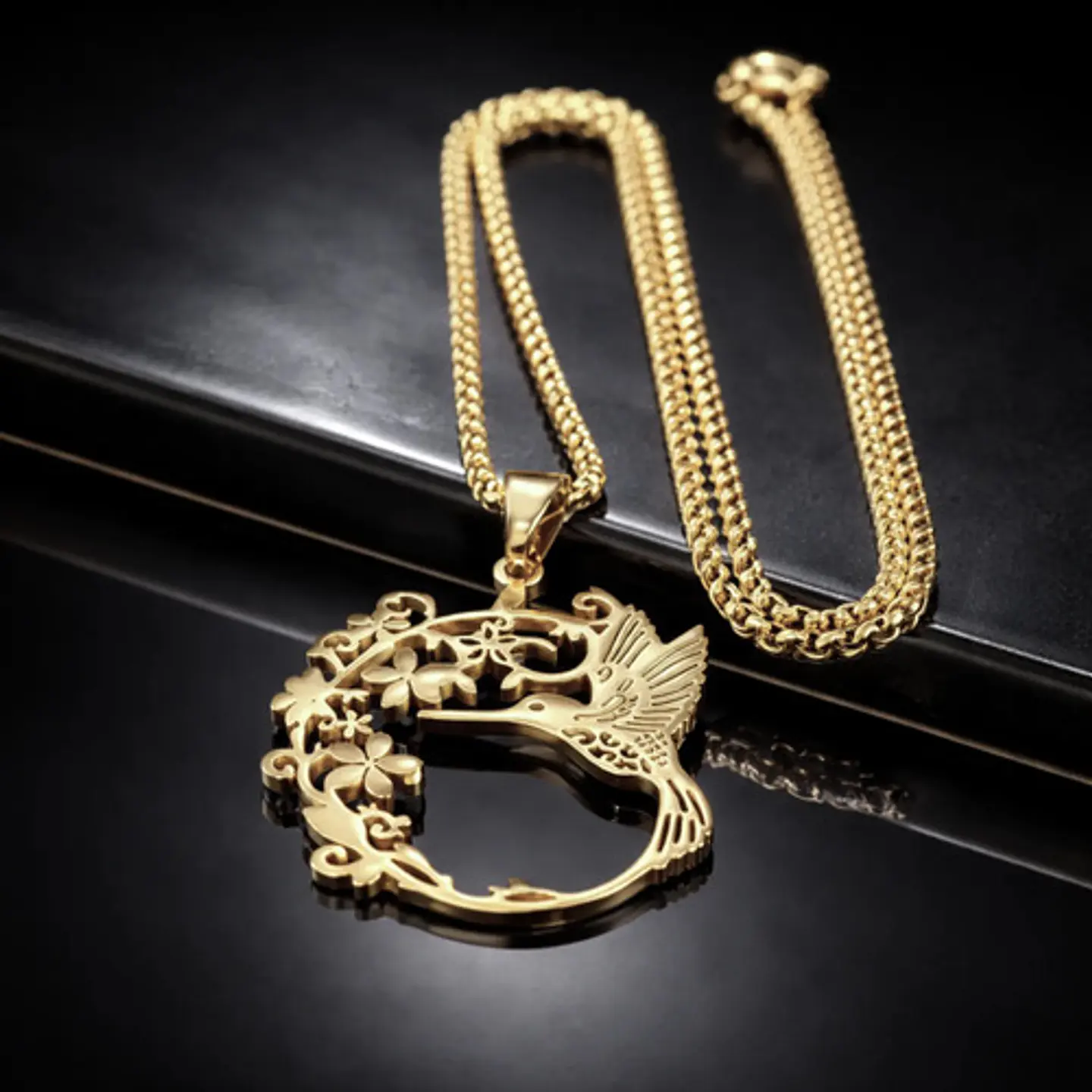 Collar En Acero Para Mujer Cadena Y Dije Floral Ave Colibrí 15