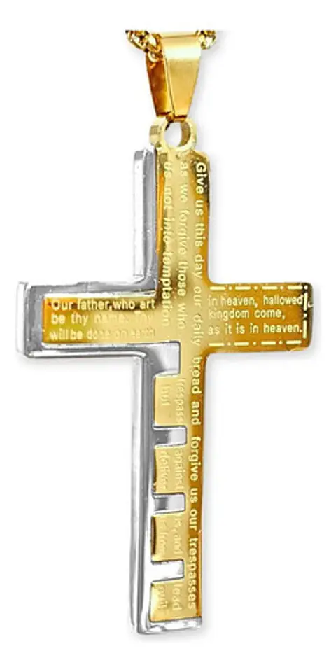 Collar De Acero Dorado Para Hombre Dije Cruz Oración Inglés
