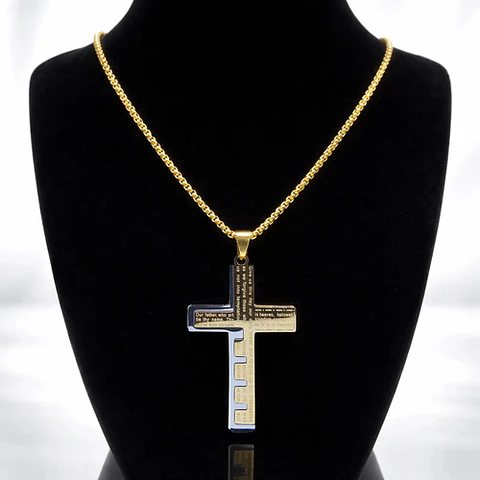 Collar De Acero Dorado Para Hombre Dije Cruz Oración Inglés
