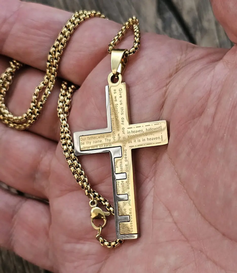Collar De Acero Dorado Para Hombre Dije Cruz Oración Inglés 5