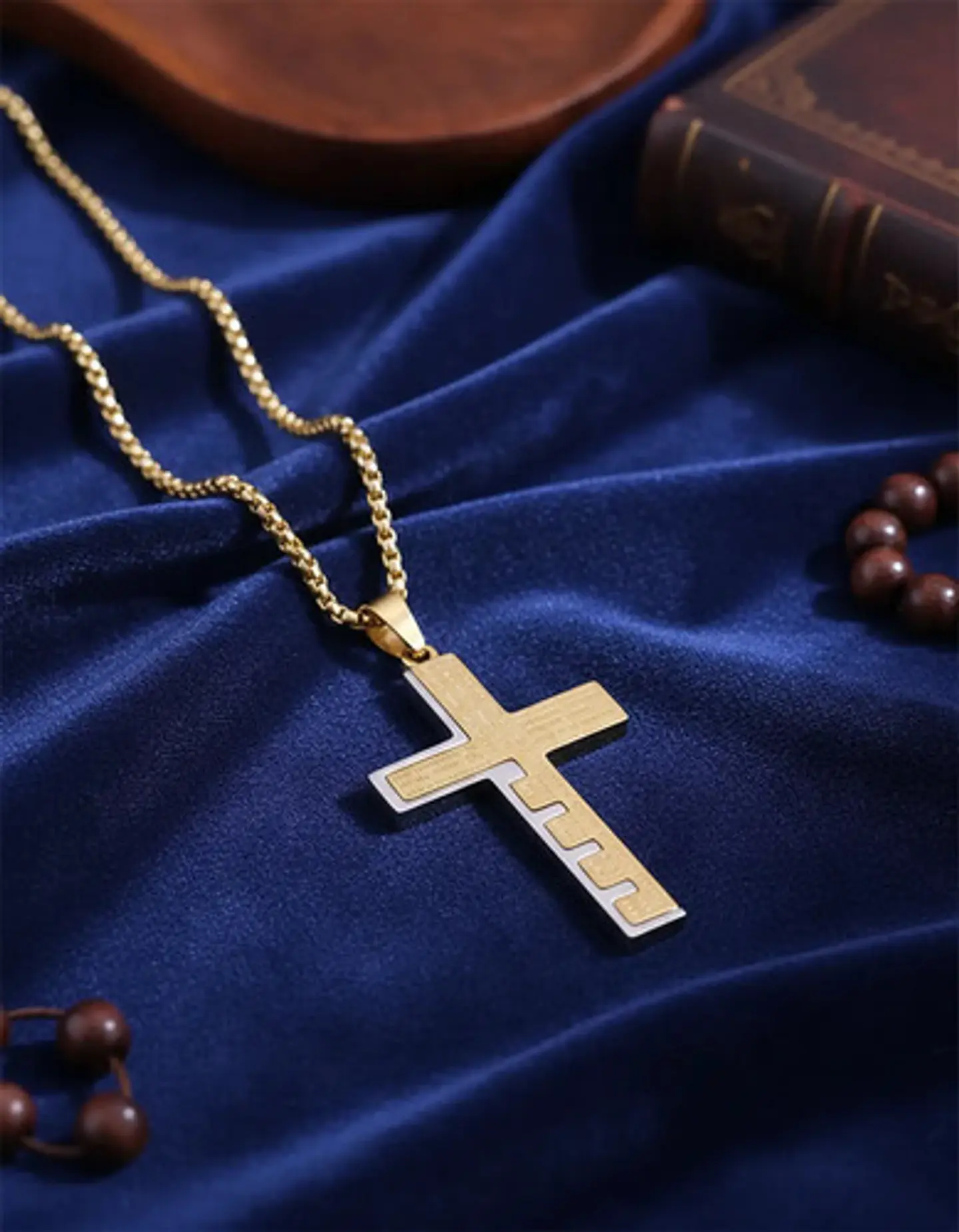 Collar De Acero Dorado Para Hombre Dije Cruz Oración Inglés 7