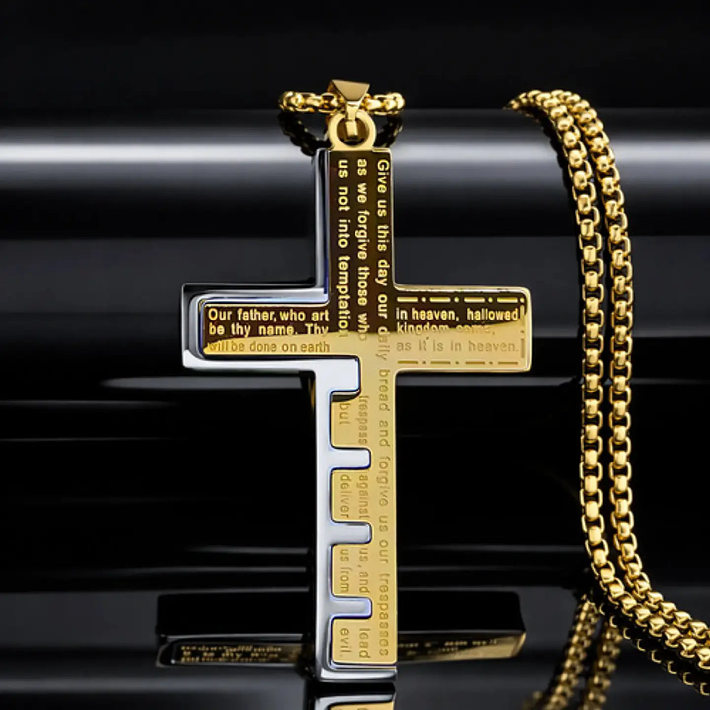 Collar De Acero Dorado Para Hombre Dije Cruz Oración Inglés 8
