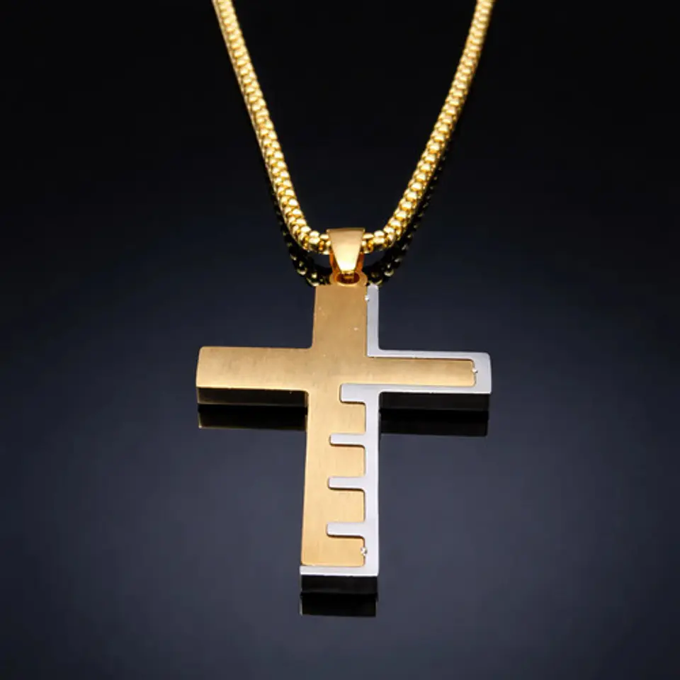 Collar De Acero Dorado Para Hombre Dije Cruz Oración Inglés 9