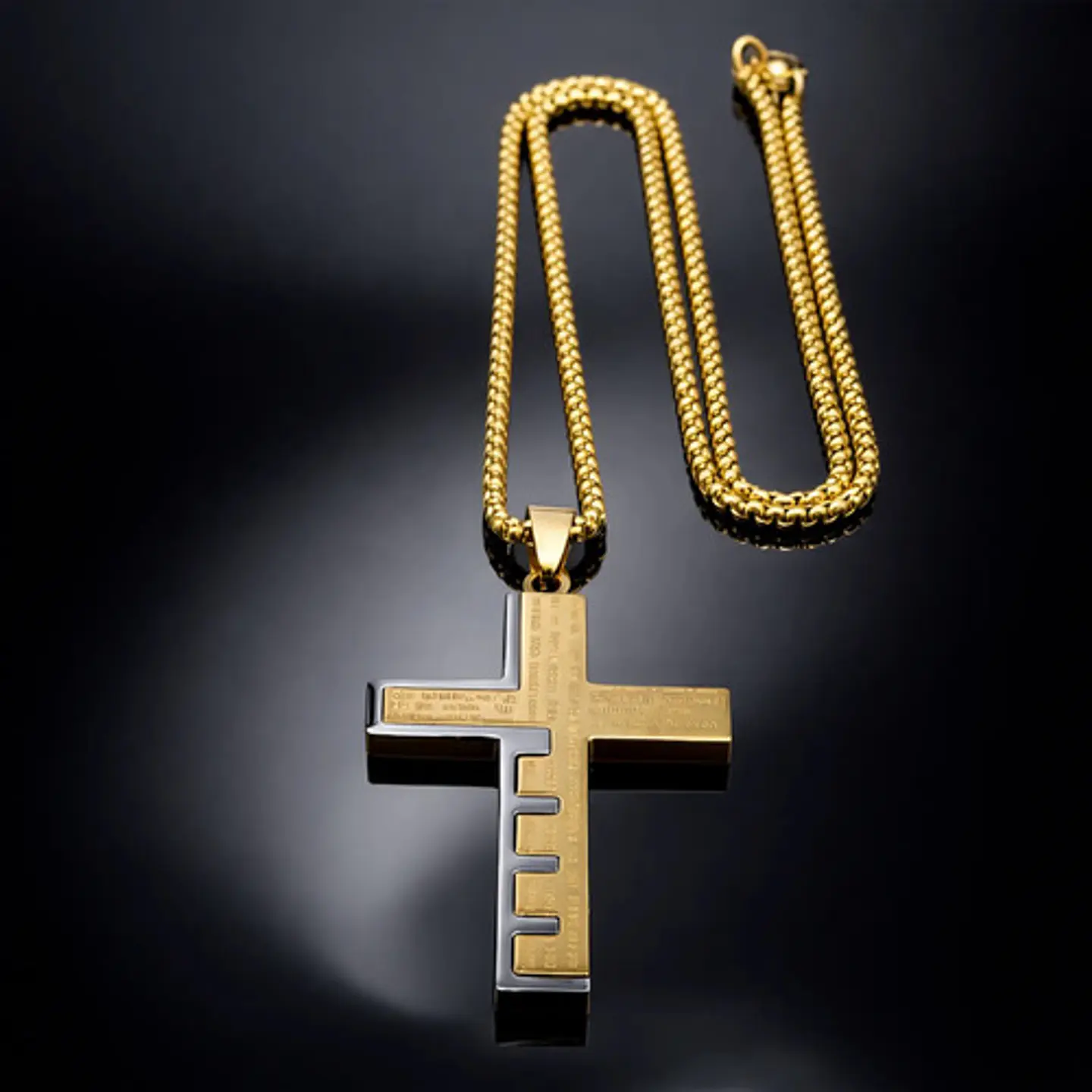 Collar De Acero Dorado Para Hombre Dije Cruz Oración Inglés 10