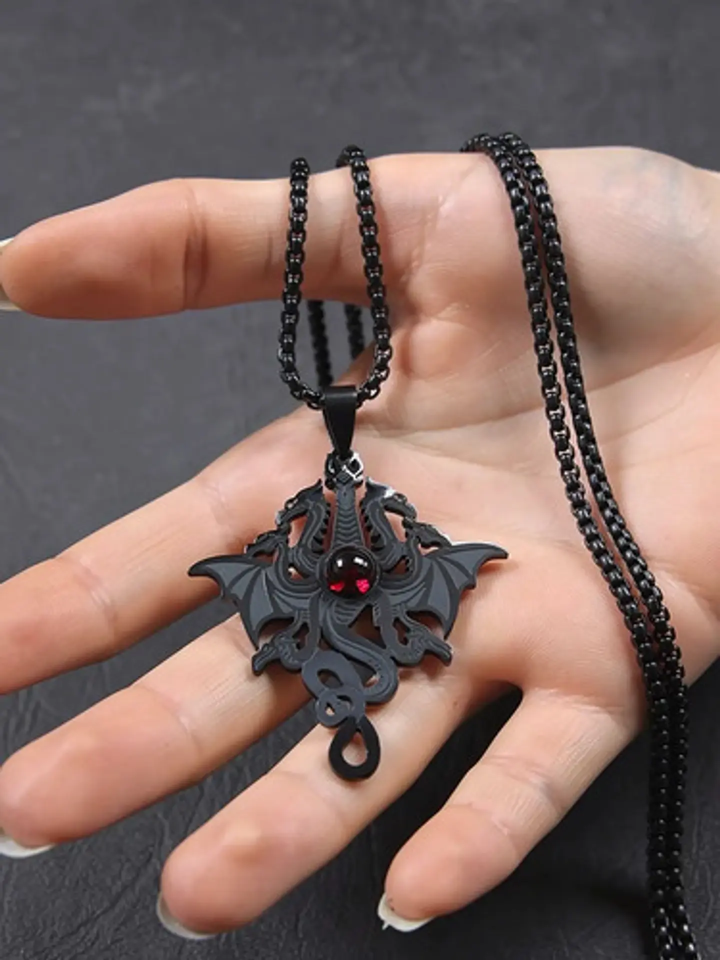 Collar Para Hombre Y Mujer Dije Dragón Tres Cabezas Gótico 5